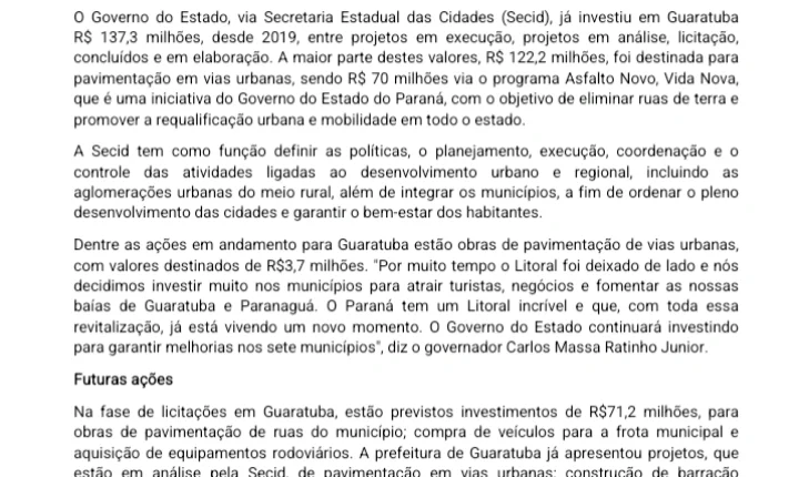 Guaratuba recebeu mais de R$ 137 milhões em investimentos do Governo do Paraná desde 2019